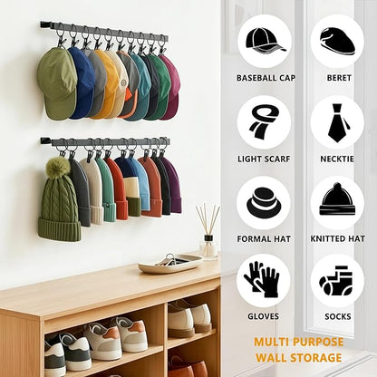 Hat Rack for Wall Baseball Cap Set of 2, Metal Hat Hanger with Hooks, Wall Mount Cowboy Hat Storage Display Sock Scarf Organizer for Door Closet Entryway Bedroom