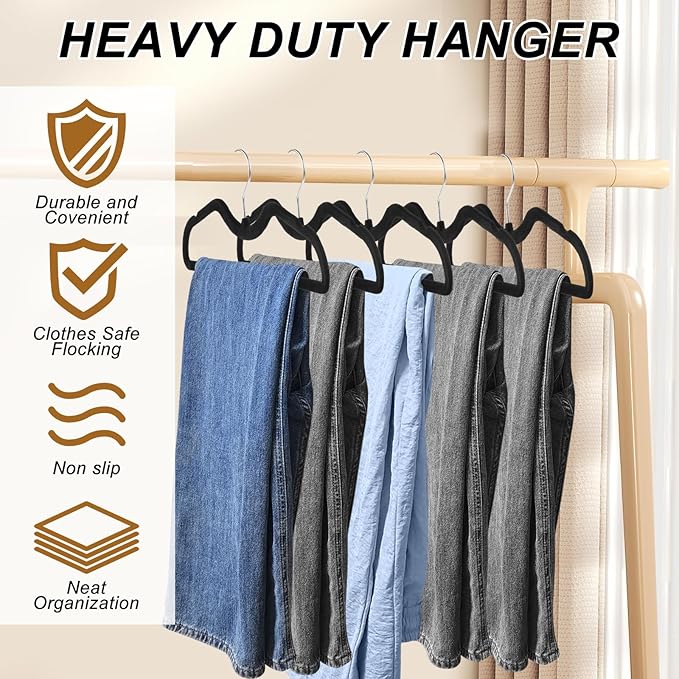Pants Hangers Non Slip, 30 Pack Velvet Hangers for Closet with 30 Hooks, Strong Durable Slimline Space Saving Pants Hanger, Space Saving Flocked Hangaers for Pants, Shirts, Bra, Shorts (Black-M-shape)