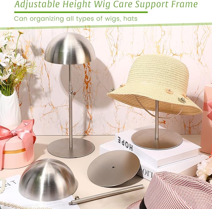 Sintuff 4 Pcs Hat Display Stand:adjustable 7.9-15.7inch Wigs Head Holder Stand Non Slip Stainless Steel Metal Rack for Multiple Hats Wig Storage Styling Practice(Silver,Round Base)