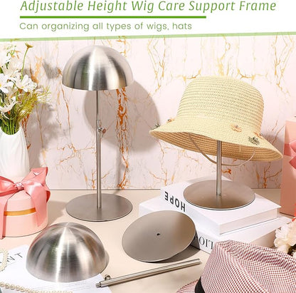 Sintuff 4 Pcs Hat Display Stand:adjustable 7.9-15.7inch Wigs Head Holder Stand Non Slip Stainless Steel Metal Rack for Multiple Hats Wig Storage Styling Practice(Silver,Round Base)