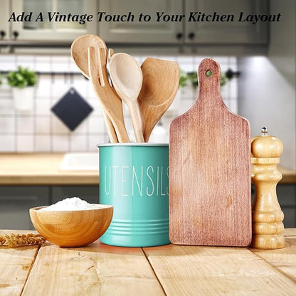 Bivvclaz Teal Kitchen Utensil Holder, 6.7" Utensil Holder for Kitchen Counter, Cooking Utensil Crock with Cork Bottom, Turquoise Decor and Accessories, Countertop Utensil Storage Caddy Organizer
