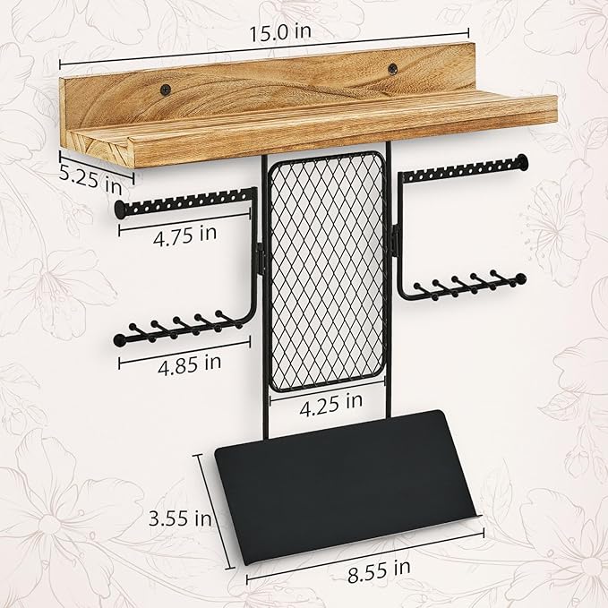 Hanging Jewelry Organizer, Wall Jewelry Organizer with Shelf for Women, Rustic Wooden Necklace Holder Wall Mounted, Earring Holder Organizer Display for Earrings Bracelets Necklaces