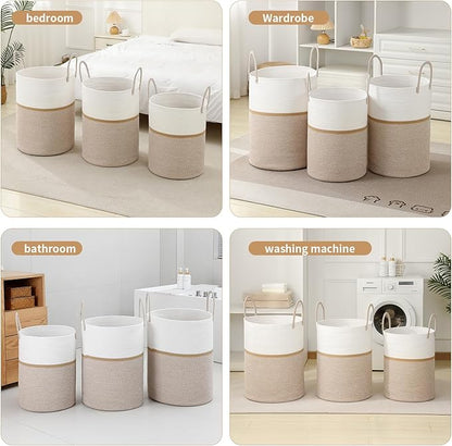 Laundry Basket Hamper Tall Rope Storage Woven for Blanket toys Dirty Clothes in Living Room Bathroom Bedroom (Blend White & Camel, 60L/15.8Gal)