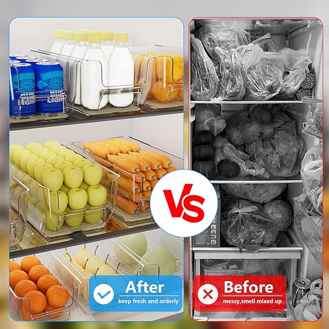 8Pcs Clear Plastic Storage Bins, Refrigerator Organizer Bins with Handles, Freezer Organizer Clear Organizing Bins, BPA-Free Fridge Storage Containers for Fridge, Freezer, Cabinet, Kitchen, Pantry