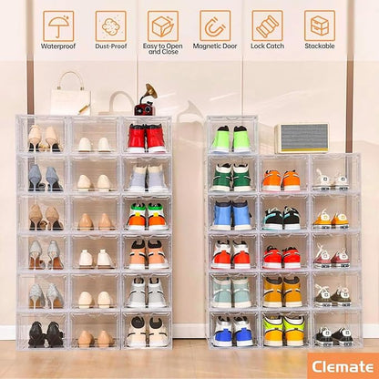 Clemate Upgraded X-Large Shoe Organizer,Shoe Storage Organizer,12 Pack,Shoe Box Clear Plastic Stackable,Drop Front Shoe Box with Clear Door, Shoe Containers For Sneaker Display,Fit up to US Size12