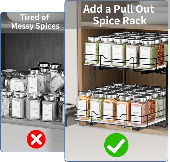BOIVSHI 2-Tier Spice Rack Organizer, Pull Out Spice Rack for Cabinet, Height Adjustable Heavy Duty Metal Basket for Inside Cabinet & Pantry (11.5''Wx10.5''Dx9.5''H)
