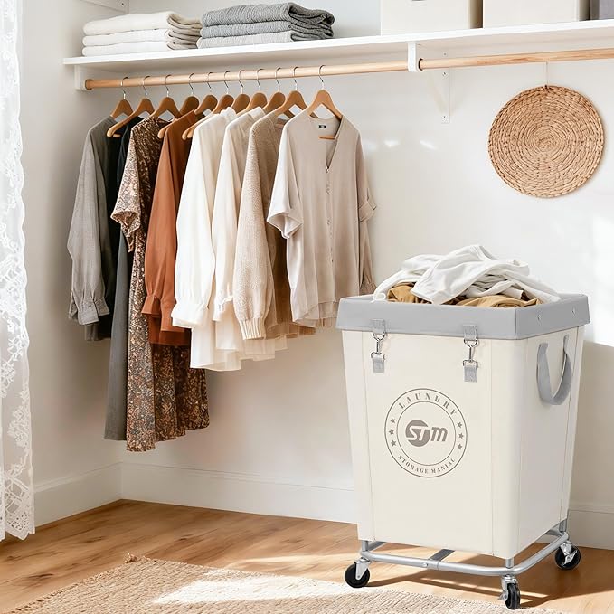 STORAGE MANIAC Commercial Laundry Hamper with Heavy Duty Steel Frame, 160 L Industrial Laundry Basket Cart with Wheels for Hotel, Home, Laundry Room, 18''L x 18''W x 31''H, Medium Beige
