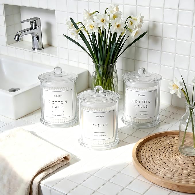 Ronasip 3 Pack Qtip Holder Dispenser, 16oz Bathroom Organizer and Storage Canisters, Glass Apothecary Jars with Lid - Home Decor, Room Decor Aesthetic(Transparent)