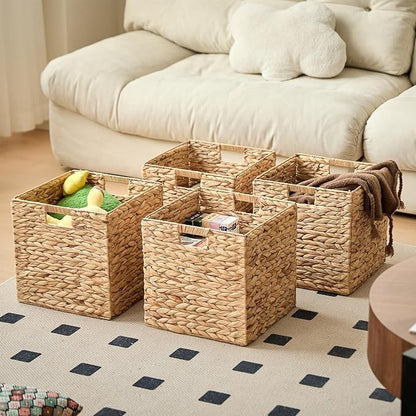 Handwoven Water Hyacinth Storage Baskets set of 4 Foldable Cube Bins Storage Oragnizer for Cabinet Shelf Bedroom Living Room (Natural, 13" L x 13" W x 13" H)