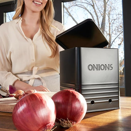ZICOTO Beautiful Potato and Onion Storage Container Set, 10.1" & 8.9" - Perfectly Sized Spacious Canisters For Your Kitchen Counter Or Pantry - Food Safe Metal Bins Keep Produce Fresh Longer