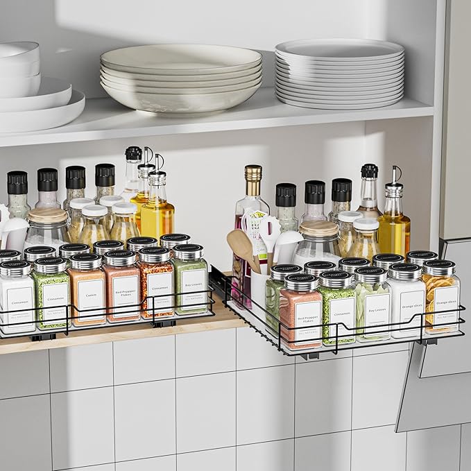 BOIVSHI Pull Out Spice Rack, Slide Out Spice Rack for Cabinet, Spice Organizer for Kitchen and Pantry, Fits Spices, Sauces, Canned Food (10.5''Wx10.5''Dx2.5''H)