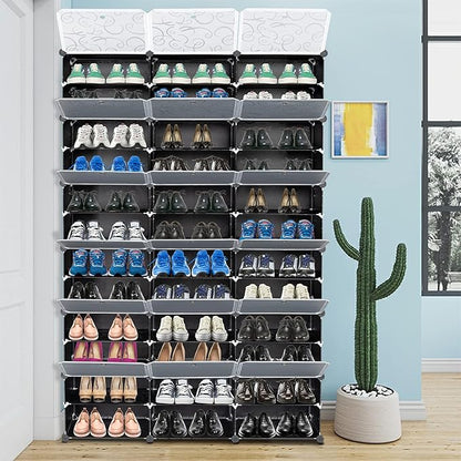 Shoe Rack Organizer, 18 Cube 12 Tier Covered Shoe Storage Cabinet 72 Pairs Freestanding DIY Shoe Shelves Plastic Shoes Rack for Closet Entryway Hallway Bedroom (Black2)