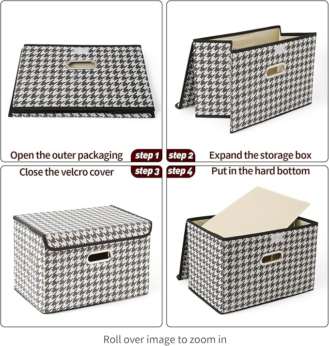 STOREONE Fabric Storage Cube Bins Foldable Organizer Container Collapsible Basket with Lids and Metal Handles, for Home, Bedroom, Closet 3 Pcs (Houndstooth)