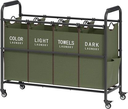 Tajsoon 4 Bag Laundry Sorter Cart, 4 Section Laundry Hamper Sorter with Heavy Duty Lockable Rolling Wheels, Laundry Separator Hamper with Removable Bags for Dirty Clothes Storage, Green