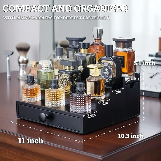 Wooden Cologne Organizer for Men 4 Tier | Black Perfume Holder Shelf for Dresser | High Grade Velvet Lining and Stylish Gift Box | Uncluttered Design Perfume Display Stand