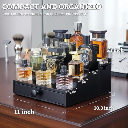 Wooden Cologne Organizer for Men 4 Tier | Black Perfume Holder Shelf for Dresser | High Grade Velvet Lining and Stylish Gift Box | Uncluttered Design Perfume Display Stand