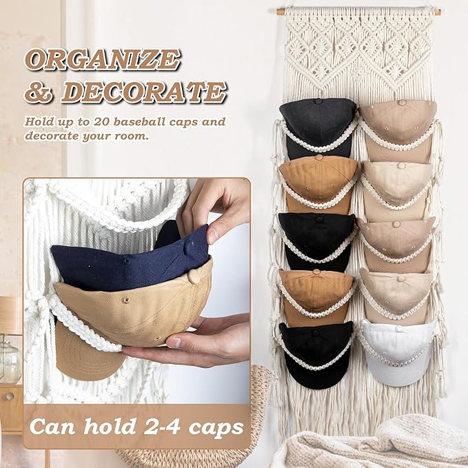 Macrame Hat Hangers for Wall Handmade Boho Baseball Cap Hanger Hand Knitting Cap Organizer Hat Holder for Wall Over Door Ball Hat Rack for Decoration Wardrobe Living Room Bedroom