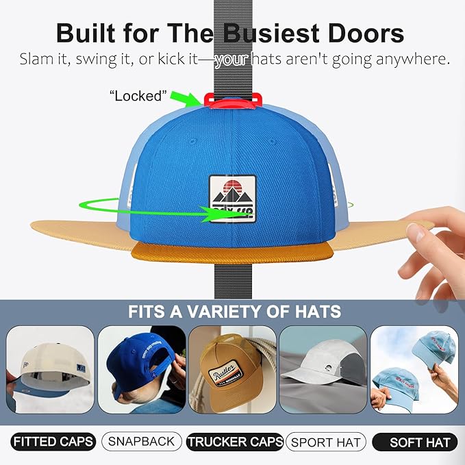 AXU Hat Rack for Door, Hat Organizer for Baseball Caps, Over the Door Hat Storage Organizer - Holds 10-20 Caps | Rainbow, 1 Straps