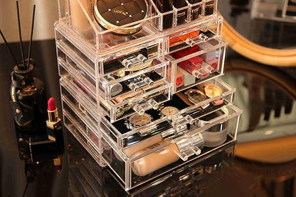 Cq acrylic 3 Pack Clear Skincare Organizer for Vanity, Stackable 7 Drawers Make Up Organizer,Cute Cosmetic Organizer for Vanity Jewelry,Hair Clip,Beauty,Skincare Product Dresser Acrylic Desk Organizer