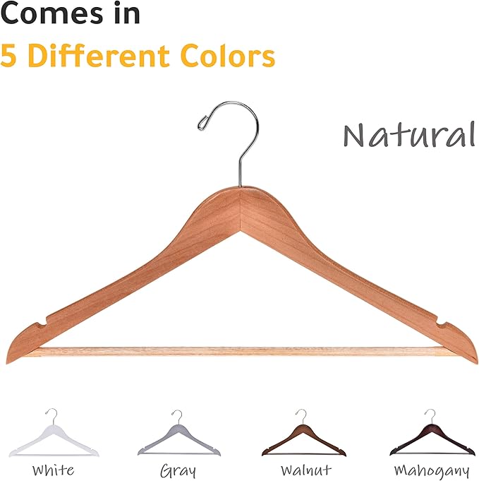 Quality Wooden Hangers - Semi Contoured Hanger Set in 20-Pack - Solid Wood Coat Hangers with Stylish Chrome Hooks - Heavy-Duty Clothes, Jacket, Shirt, Pants, Suit Curved Hangers (Natural, 20)