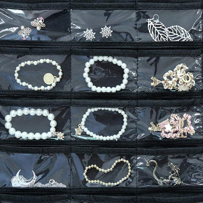 BB Brotrade Hanging Jewelry Organizer, Double Sided Jewelry Storage Organizer with Embossed Pattern, 80 Clear PVC Pockets for Holding Jewelries (White)