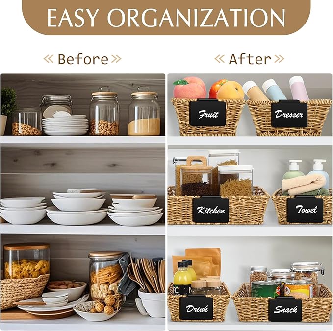 Marsui 9 Pcs Wicker Storage Baskets for Pantry Organization with Handle Labels Handwoven Multi-size Brown Small Organizer Baskets Storage Bins Container for Shelves Closet Toilet Christmas Holiday