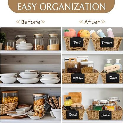 Marsui 9 Pcs Wicker Storage Baskets for Pantry Organization with Handle Labels Handwoven Multi-size Brown Small Organizer Baskets Storage Bins Container for Shelves Closet Toilet Christmas Holiday