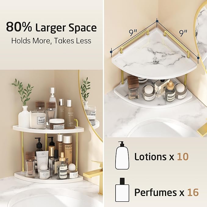KES Marble Pattern Bathroom Corner Countertop Organizer, 2-Tier Ceramic Corner Counter Shelf, Vanity Skincare Perfume Organizer and Makeup Storage Tray Shelf, Polished Gold, BSC901B-PG