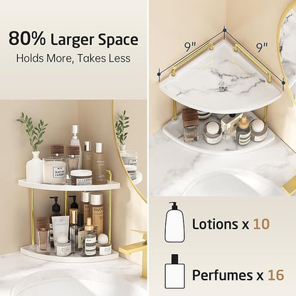 KES Marble Pattern Bathroom Corner Countertop Organizer, 2-Tier Ceramic Corner Counter Shelf, Vanity Skincare Perfume Organizer and Makeup Storage Tray Shelf, Polished Gold, BSC901B-PG