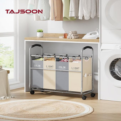 Tajsoon Laundry Sorter 4 Sections, Laundry Separator Hamper with Heavy Duty Lockable Rolling Wheels, Laundry Divider with Removable Bags for Dirty Clothes Storage, Beige & Grey
