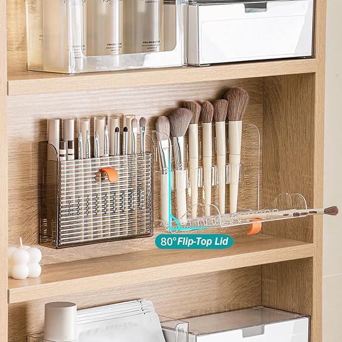 Wall-Mounted Makeup Eyeliner Lip Liner Organizer Holder, 16-Slot Cabinet Storage for Brush, Makeup Pencils, Concealer Pencil Display Case for Vanity Bathroom, Clear