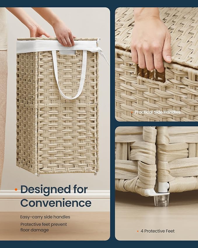 SONGMICS HOME Laundry Hamper with Lid, Clothes Basket with Removable Liner and Handles, 23.8 Gallon, Foldable Narrow Laundry Organizer for Bathroom, Bedroom, Sand