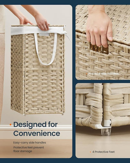 SONGMICS HOME Laundry Hamper with Lid, Clothes Basket with Removable Liner and Handles, 23.8 Gallon, Foldable Narrow Laundry Organizer for Bathroom, Bedroom, Sand