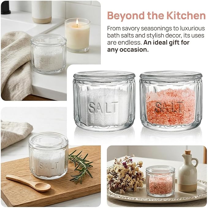 Nicunom 2 Pack Clear Glass Salt Cellar with Lid, Salt Storage Container Salt Box, Retro Style, Kitchen Decor, Wedding Gift, 3.75" D x 3.15" H