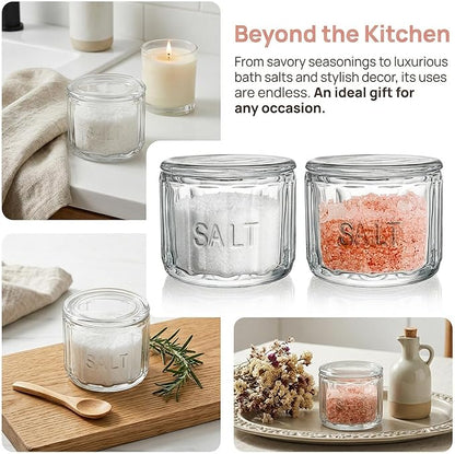 Nicunom 2 Pack Clear Glass Salt Cellar with Lid, Salt Storage Container Salt Box, Retro Style, Kitchen Decor, Wedding Gift, 3.75" D x 3.15" H