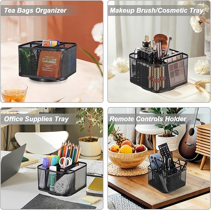 ELLDOO Metal Drink Packet Organizer for Powdered Drink Mix, Rotating Water Flavor Packet Holder with 5 Compartments, Lazy Susan Organizer for Remote Control, Glasses, Makeup Brush (Black)