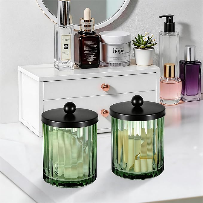 Amolliar Sage Green Glass Apothecary Jar, Qtip Holder Dispenser for Cotton Swabs, Balls, Makeup Pads, Floss Picks, Bathroom Essential Accessories, Countertop Canister Storage Organizer (Black, 2 Pack)
