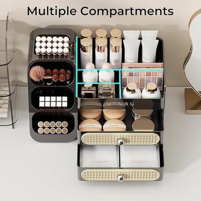 Makeup Organizer for Vanity with Brush Holder, Large Capacity Bathroom Countertop Skincare Organizer with 2 Drawers, Cosmetic Display Case for Perfumes, Eyeshadow Palettes, Nail Polishes