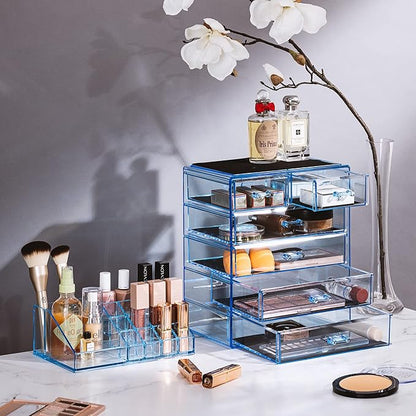 Sorbus Acrylic Makeup Organizer Set, 6-Drawer Vanity & Countertop Cosmetic Storage with Small & Wide Compartments, Blue Brilliance Makeup Storage for Brushes, Jewelry – Holiday Gift for Women & Teens