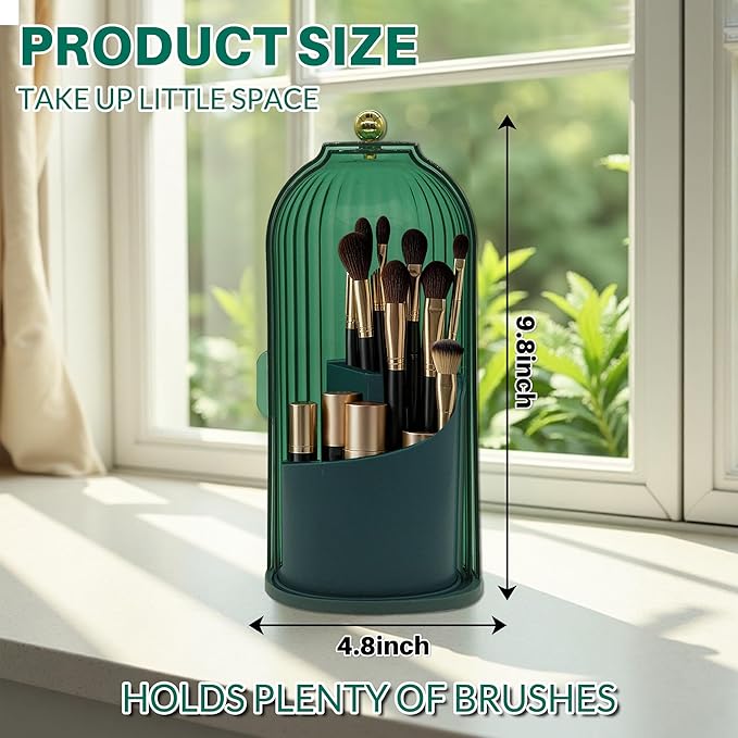 Makeup Brush Holder with Lid Cosmetic Tools Organizer 360 Rotating Waterproof Dustproof Make Up Brushes Storage for Vanity Bathroom Countertop