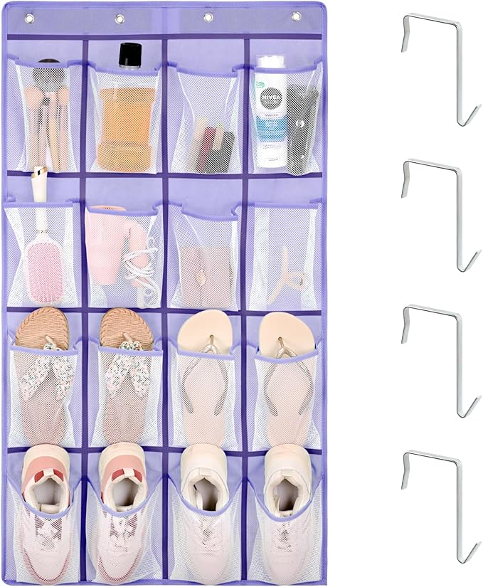 F-color 16-Pocket Hanging Organizer - Over the Door Shoe Organizer, Cruise Essentials for Cabin & RV, Breathable Mesh Storage Pockets, Space Saving Hanging Storage Holder with 4 Sturdy Metal Hooks