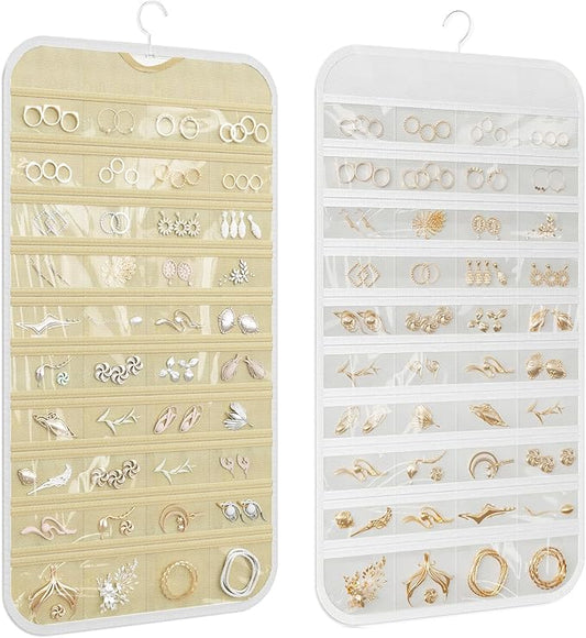 1 Pack Hanging Jewelry Organizer 80-Pocket Dual-sided Jewelry Storage for Earring Necklace Bracelet Ring Travel Holder, White and Beige