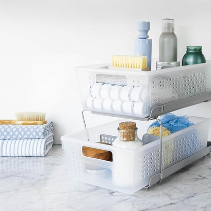 madesmart 2 Tier Bath Organizer, Undersink Storage with Sliding Drawers, for Cleaning Supplies, Pantry, Sponges, Bottles & Kitchen Essentials, Adjustable Dividers & Pull Out Sliding Baskets, Frost