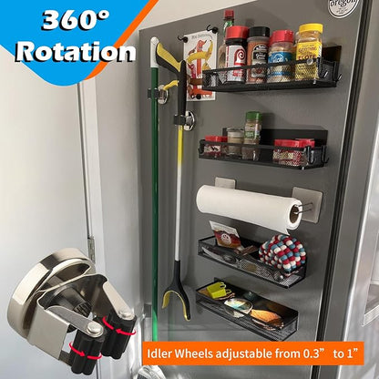 MUTUACTOR Magnetic Broom Holder,Anti-broken Broom and Mop Tool Holder,2PCS Adjustable Magnet Holder Broom Mop Clip with 360 Swivel Rack for Hanging in Metal Door Refrigerators Washer Machine