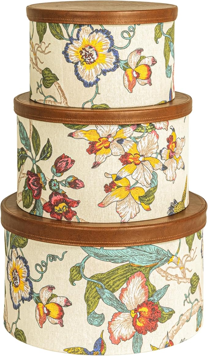 Household Essentials Floral Nestable Hat Boxes with Faux Leather Lids, Multicolor, Set of 3