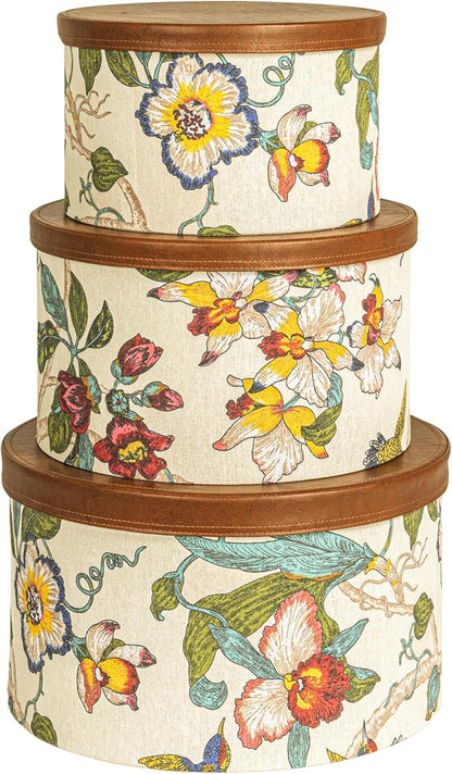 Household Essentials Floral Nestable Hat Boxes with Faux Leather Lids, Multicolor, Set of 3