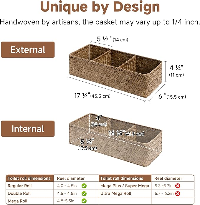 StorageWorks Toilet Paper Baskets for Shelves, 3-Section Large Wicker Baskets Storage, Seagrass Back of Toilet Basket for Organizing Tank Topper, Living Room, Table Decor, 2 Pack