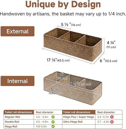StorageWorks Toilet Paper Baskets for Shelves, 3-Section Large Wicker Baskets Storage, Seagrass Back of Toilet Basket for Organizing Tank Topper, Living Room, Table Decor, 2 Pack