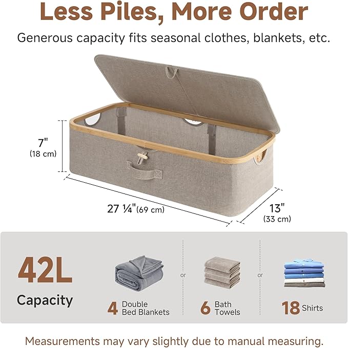 StorageWorks Underbed Storage Containers with Lids, 2-Pack 7" Low Profile Under Bed Storage Box with Bamboo Frame for Clothes, Bedding, Blankets and Shoes, 42L Sturdy Fabric Organizer, Taupe