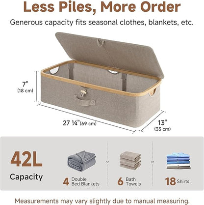 StorageWorks Underbed Storage Containers with Lids, 2-Pack 7" Low Profile Under Bed Storage Box with Bamboo Frame for Clothes, Bedding, Blankets and Shoes, 42L Sturdy Fabric Organizer, Taupe